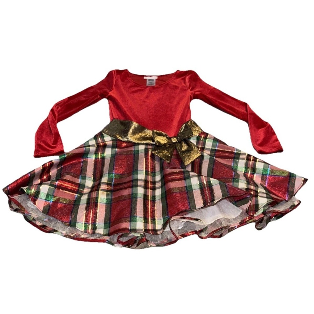 Bonnie‎ Jean Girls Youth Red Plaid Gold Bow Flair Holiday Christmas Dress Sz 10